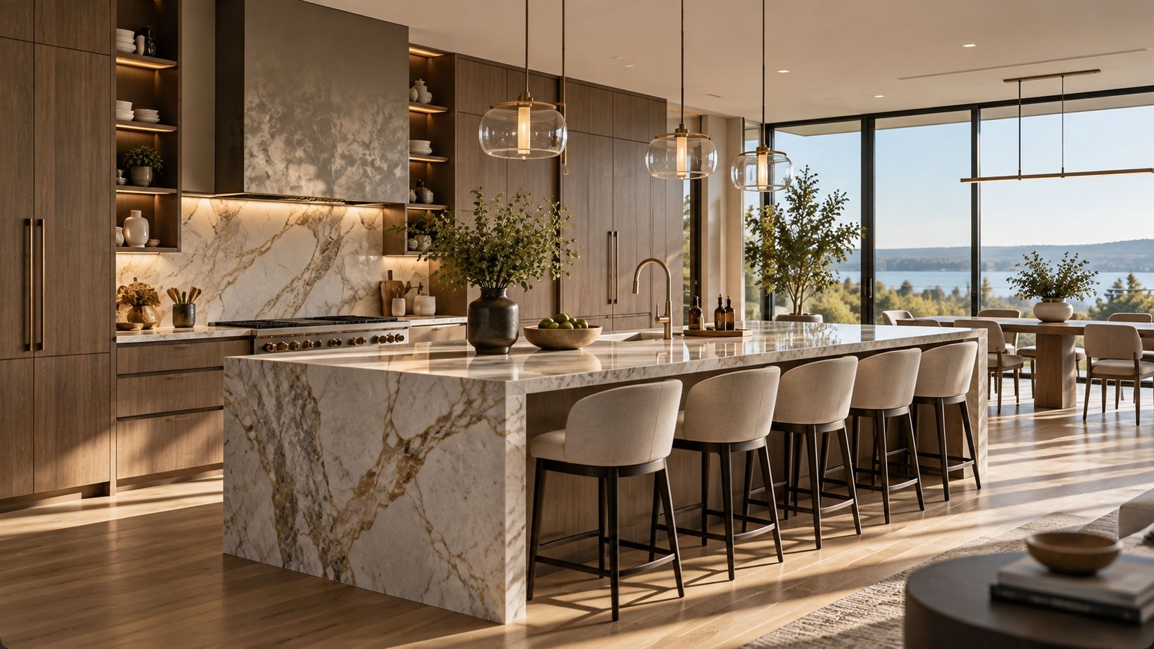 Luxury kitchen showroom with marble island, warm cabinetry, and daylight