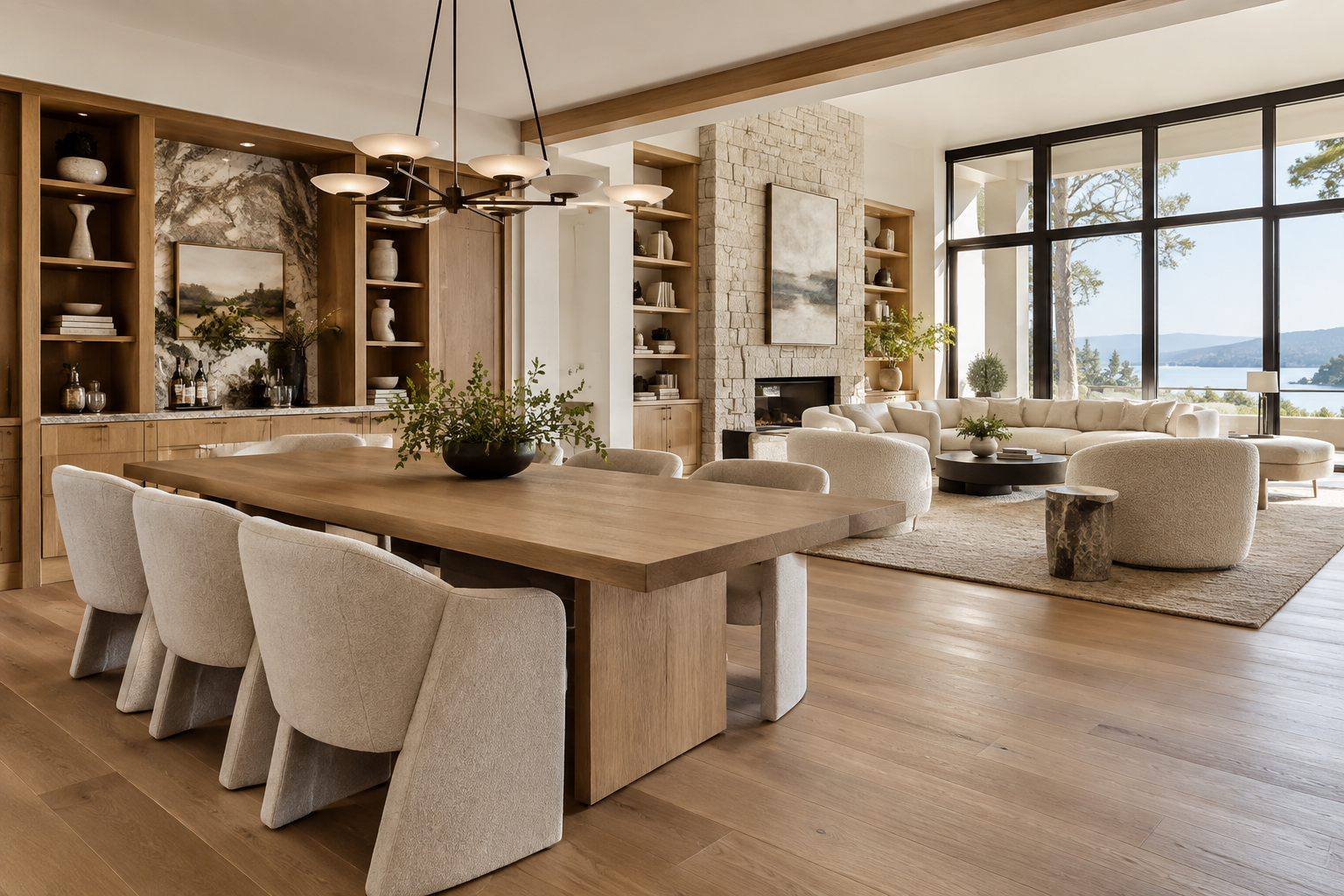Luxury living and dining room with custom furniture, built-ins, warm wood, and daylight