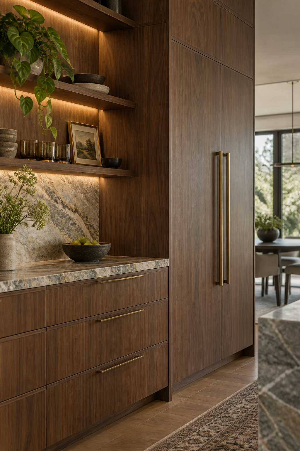 Custom wood cabinetry and stone counter detail with integrated lighting