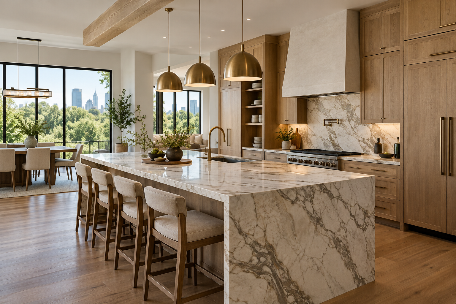 Finished luxury kitchen remodel with stone island, custom cabinetry, and daylight