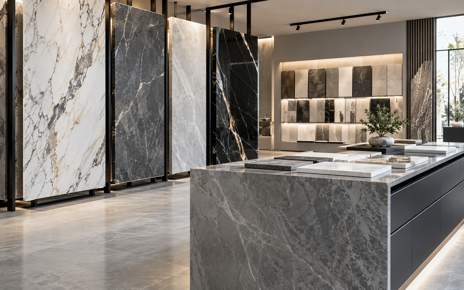 Premium stone and surface material display for residential interiors
